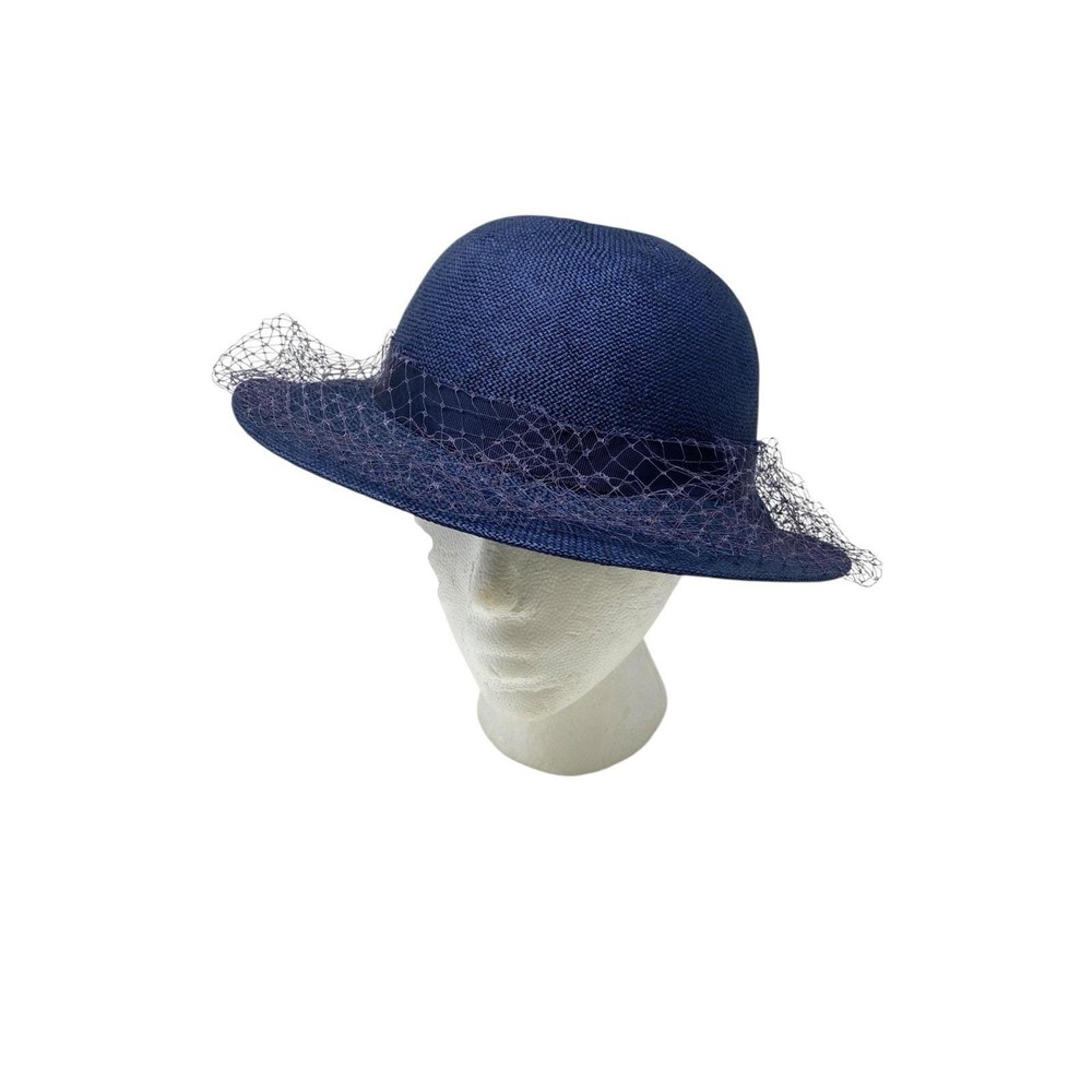 Vintage Womens Miss Bierner Navy Blue Straw Hat Bow Netting Church Easter Derby
